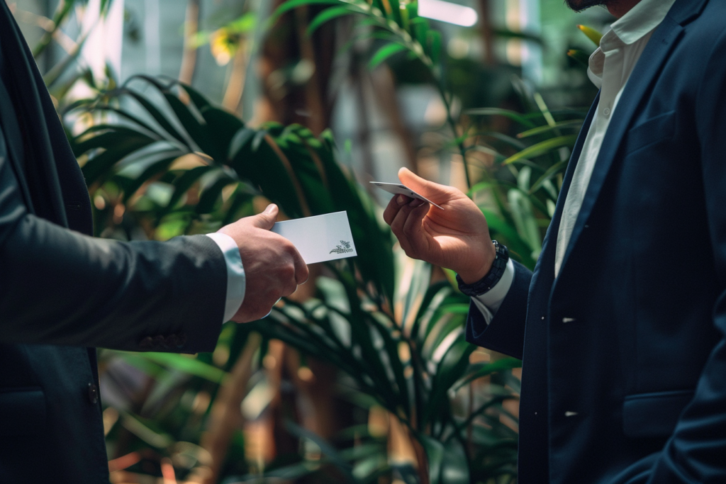 Two businessmen presenting ESG branding with business cards near a plant.