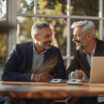 Two businessmen engrossed in a discussion about ESG branding at a table.