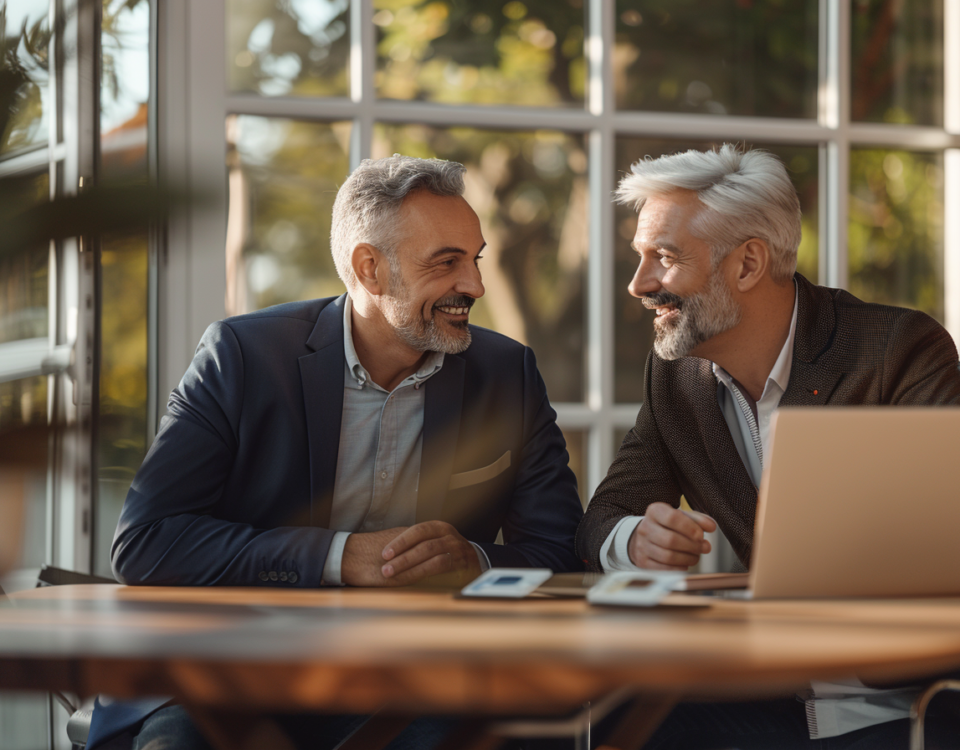 Two businessmen engrossed in a discussion about ESG branding at a table.