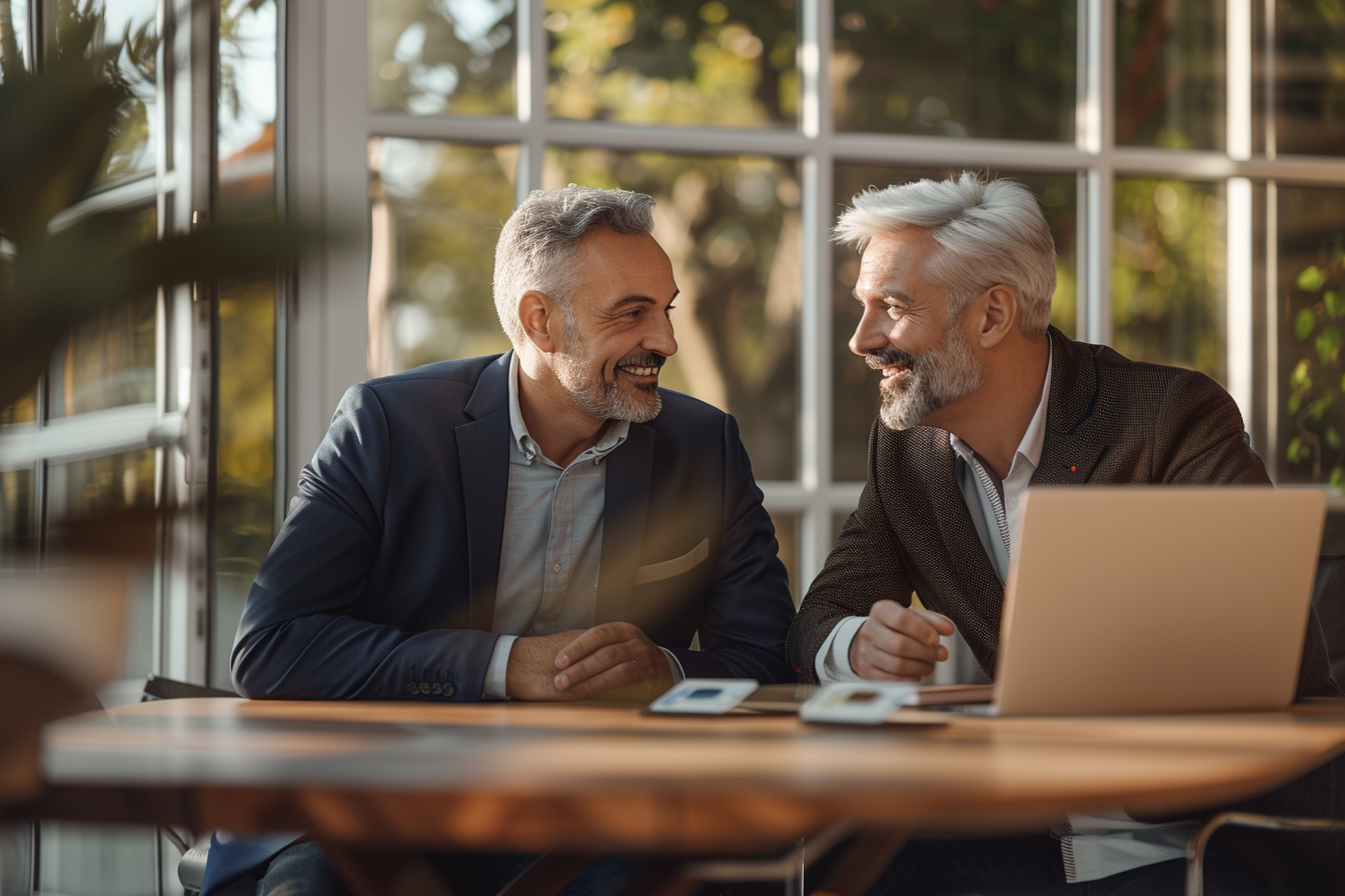 Two businessmen engrossed in a discussion about ESG branding at a table.