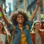 A colorful and dynamic illustration of marketers rallying around a large, glowing globe, surrounded by sustainable branding and marketing elements, such as recycling symbols and eco-friendly products.