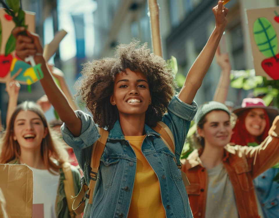 A colorful and dynamic illustration of marketers rallying around a large, glowing globe, surrounded by sustainable branding and marketing elements, such as recycling symbols and eco-friendly products.