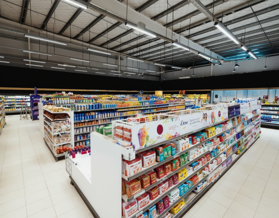 Supermarket shelf comparison showing cluttered vs clean minimalist packaging design