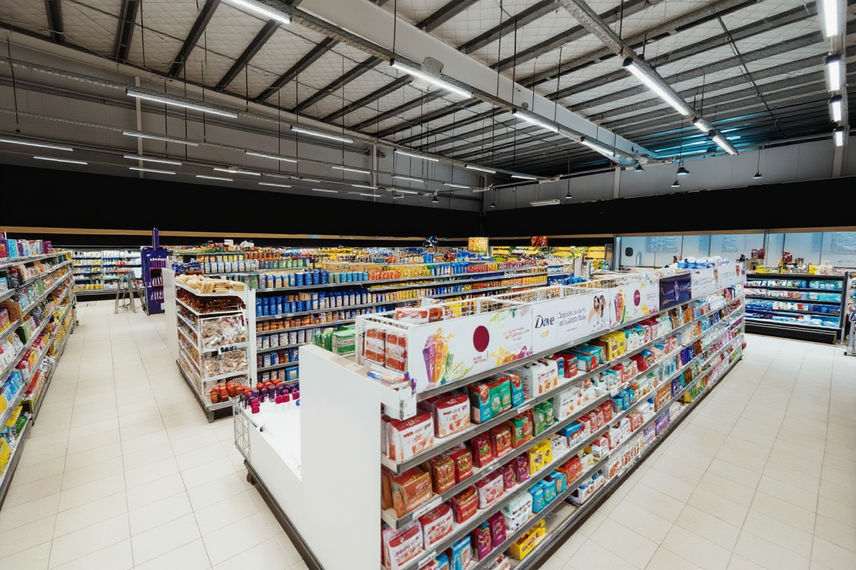 Supermarket shelf comparison showing cluttered vs clean minimalist packaging design