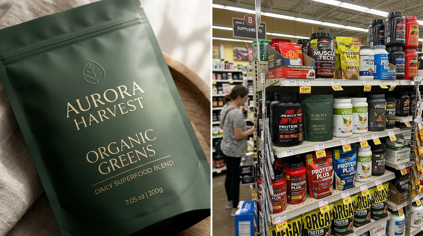 Split comparison showing packaging that looks elegant close-up but becomes difficult to notice when placed on a crowded retail shelf.