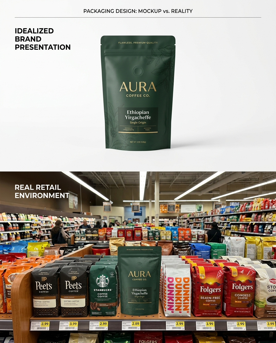 Split comparison showing packaging that looks elegant close-up but becomes difficult to notice when placed on a crowded retail shelf.