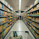 Shopper eye-level view of a crowded supermarket shelf where many colorful packages compete for attention, illustrating how packaging competes in the retail environment.