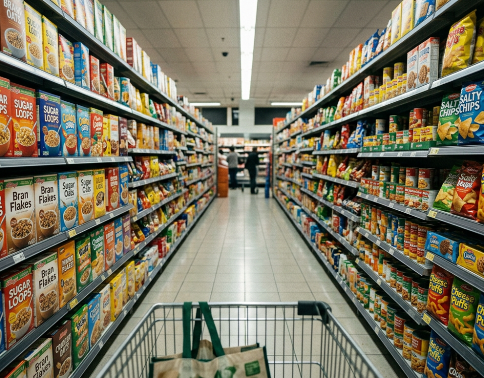 Shopper eye-level view of a crowded supermarket shelf where many colorful packages compete for attention, illustrating how packaging competes in the retail environment.