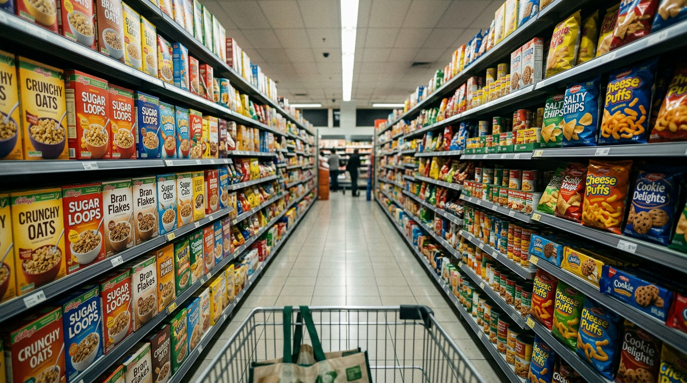 Shopper eye-level view of a crowded supermarket shelf where many colorful packages compete for attention, illustrating how packaging competes in the retail environment.