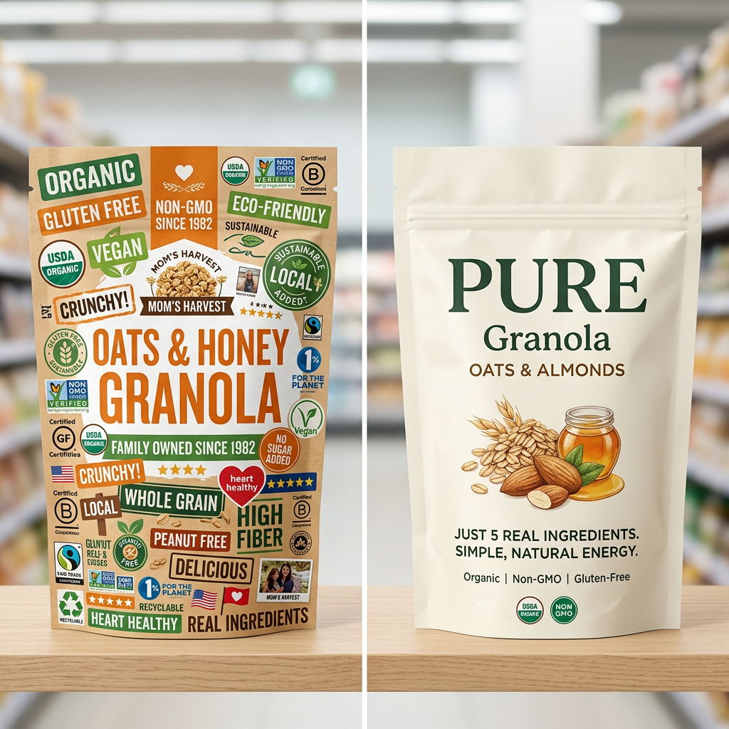 Side-by-side packaging comparison showing a cluttered label full of claims versus a clean design with a single clear message.